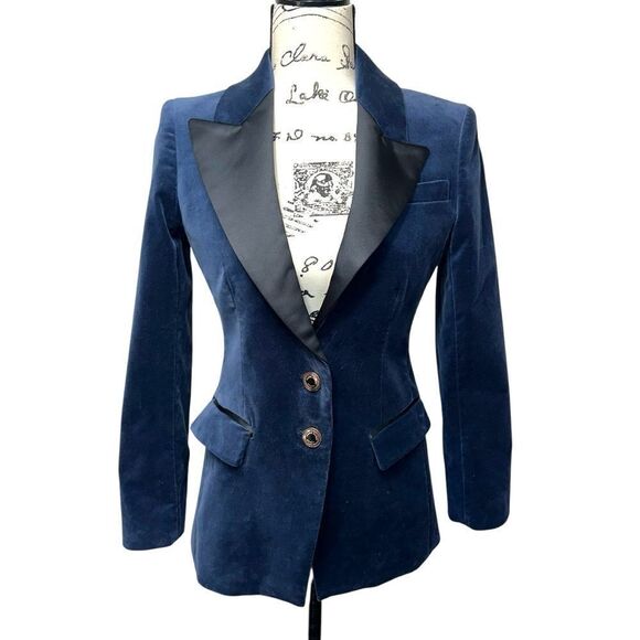 J. Crew X Marie Marot Blue Tuxedo Velvet Stretch Holiday Formal Party Blazer, 00 - Picture 2 of 14